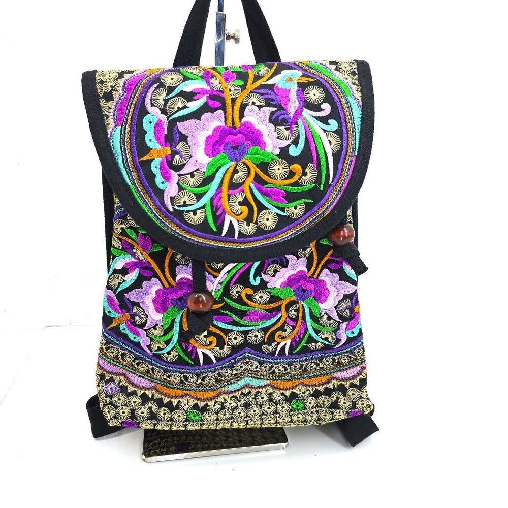 Women's Canvas Oriental Purple Floral Embroidered Asian Small Backpack